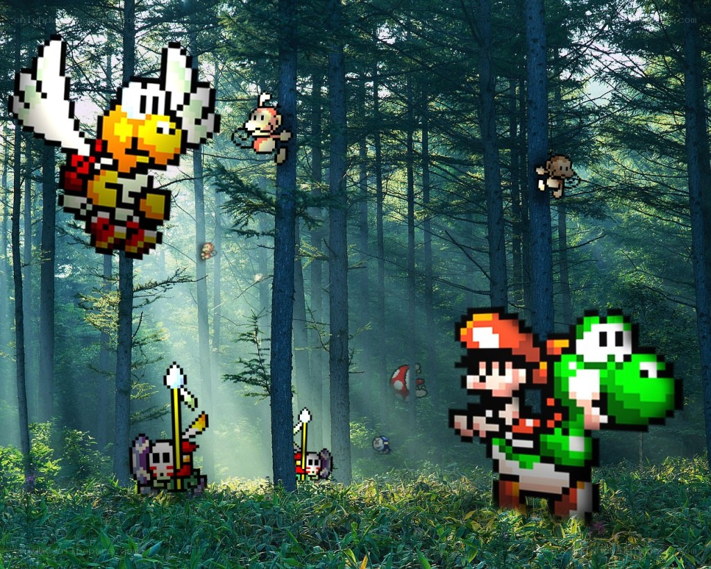 Mario and Yoshi in a forest