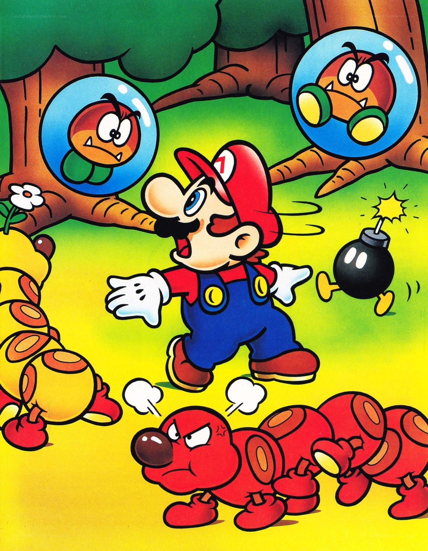 Mario battles enemies in a forest