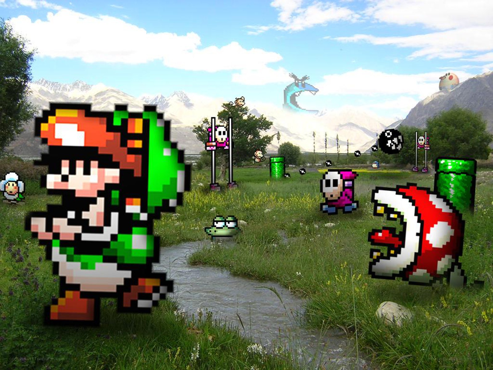 Mario characters in a scenic landscape
