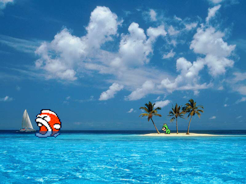 Mario characters on a tropical island