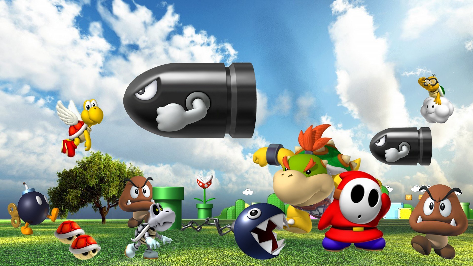 Mario enemies in a grassy field