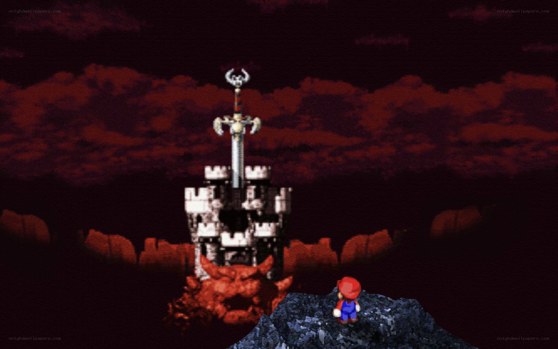 Mario facing a dark castle