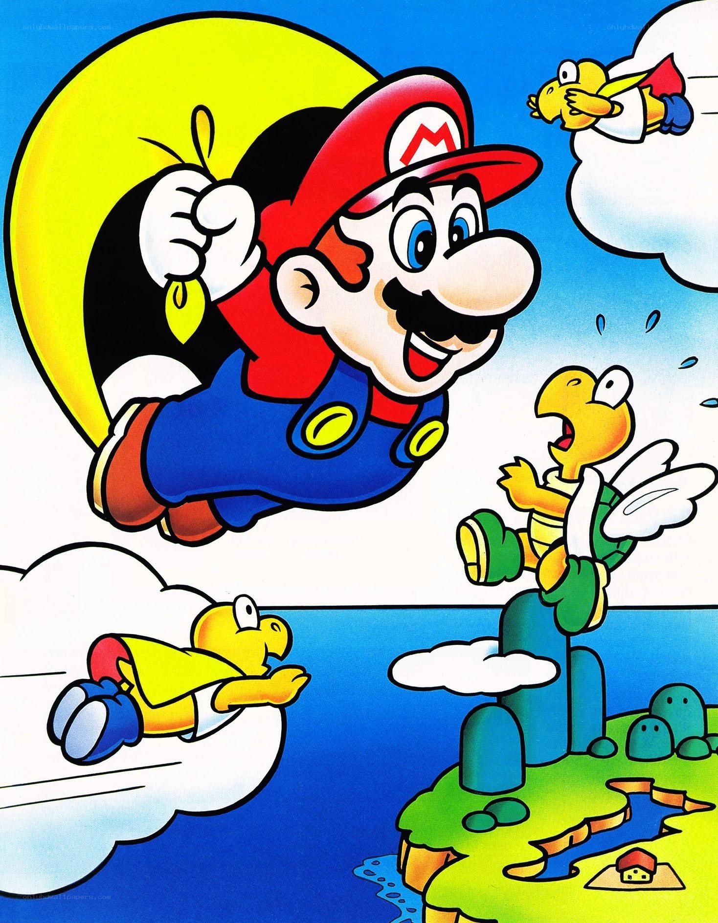 Mario flying with Koopa Troopas