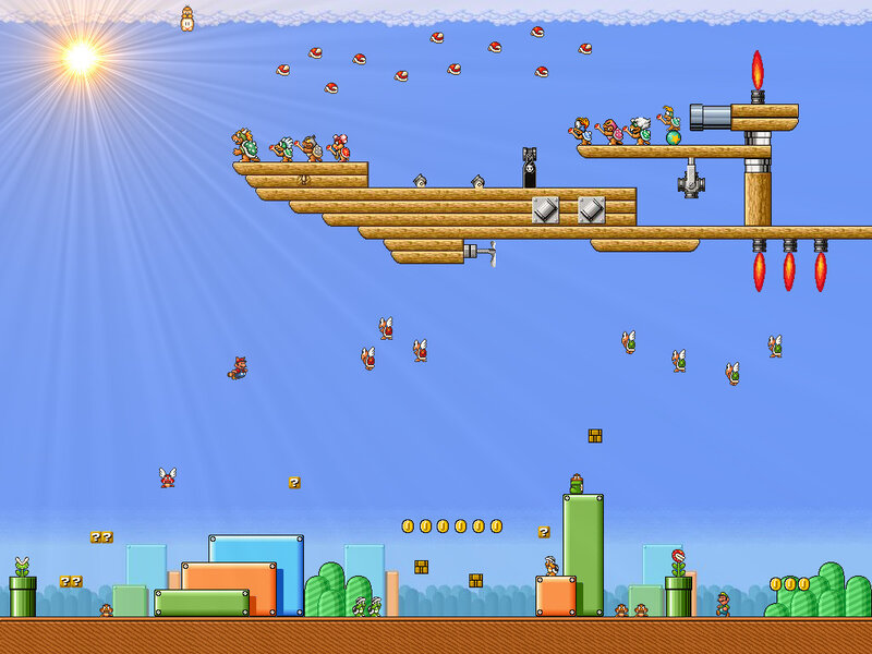 Mario Game Level — Blue, Playful, Morning, Pixel Art, Platforms