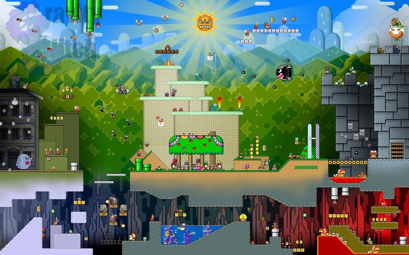 Mario Game Level — Green, Chaotic, Afternoon, Pixel Art