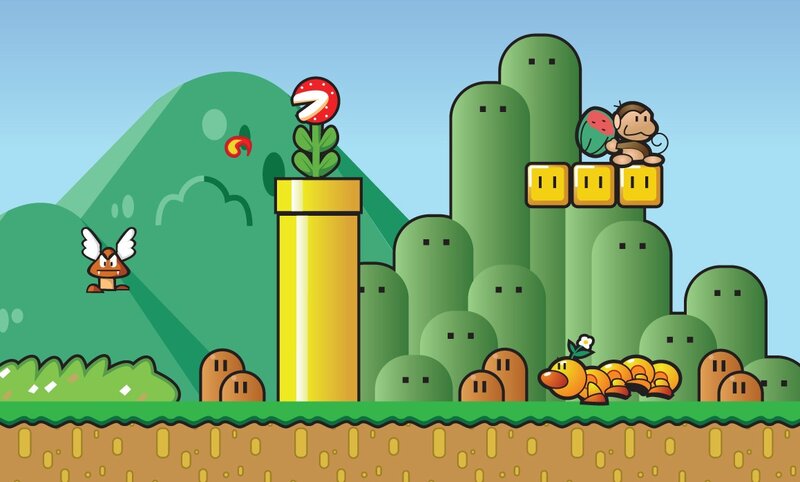 Mario Game Level — Green, Playful, Afternoon, Vector Art