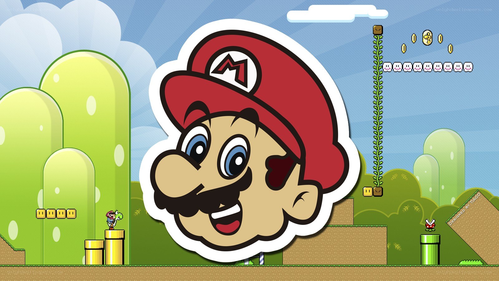 Mario game scene with large head