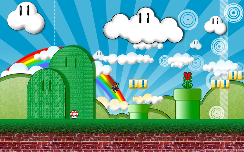 Mario game scene with rainbow