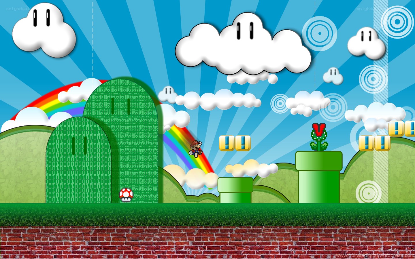 Mario game scene with rainbow