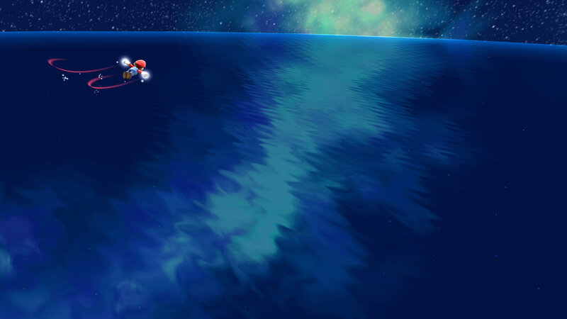 Mario gliding over ocean
