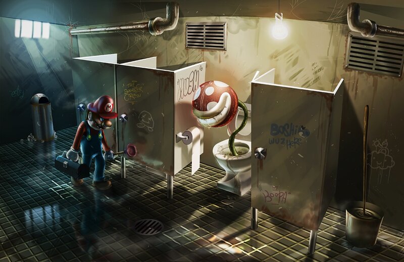 Mario in a grimy bathroom