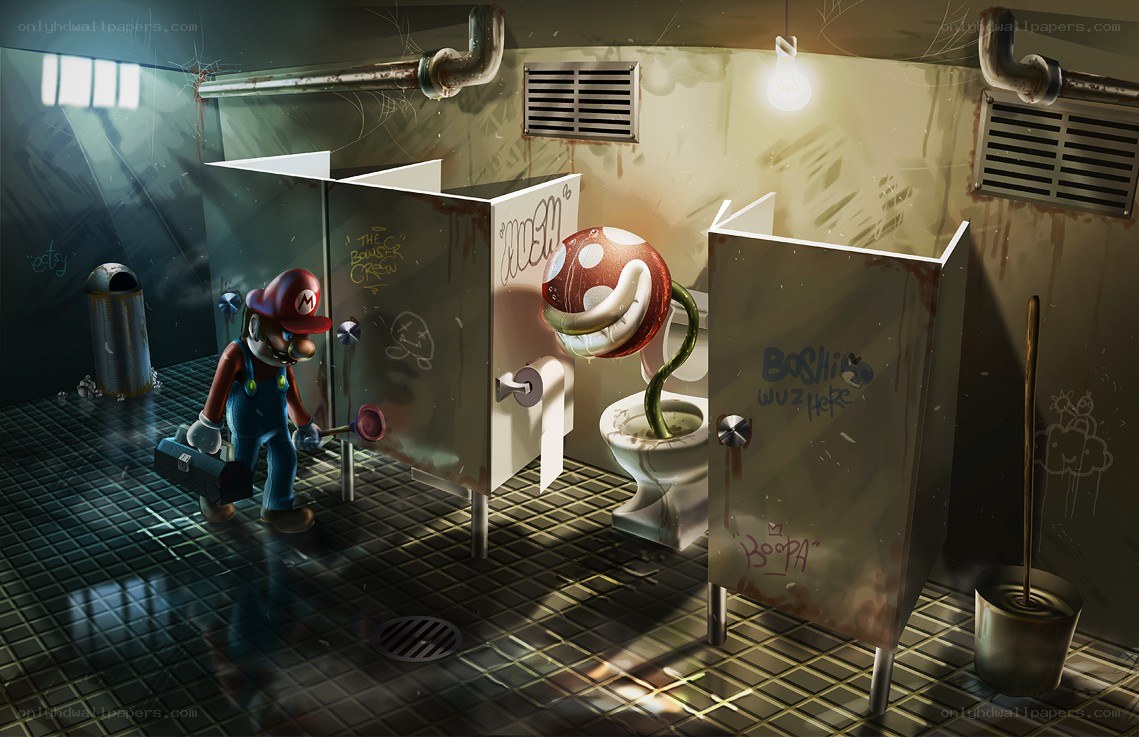 Mario in a grimy bathroom
