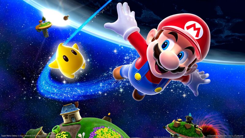Mario in Space — Blue, Adventurous, Night, Digital Art, Yellow Star, Planet, Spaceship