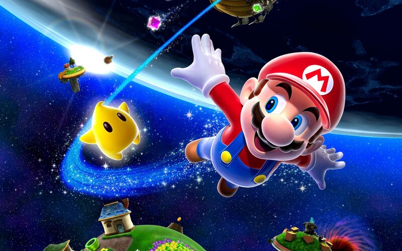 Mario in Space — Blue, Adventurous, Night, Digital Art, Yellow Star