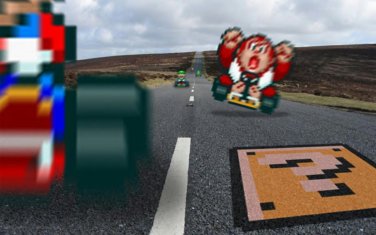 Mario Kart characters on a road
