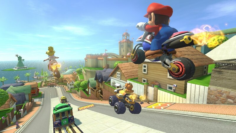 Mario Kart racing in a coastal town