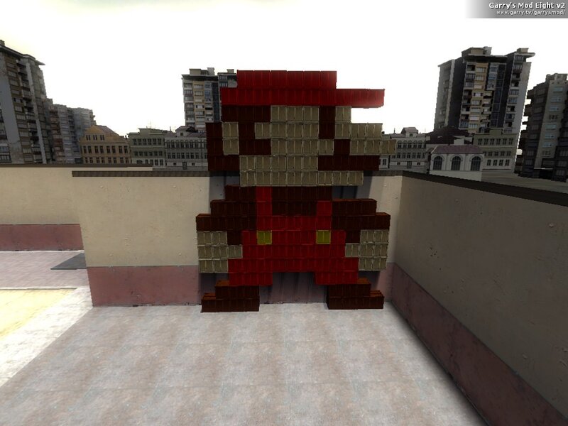 Mario pixel art on rooftop
