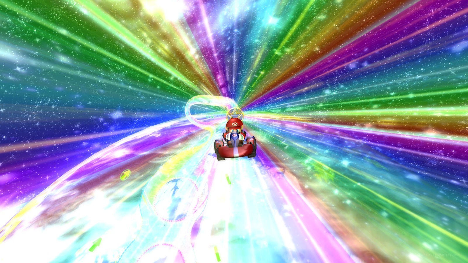 Mario racing through rainbow tunnel