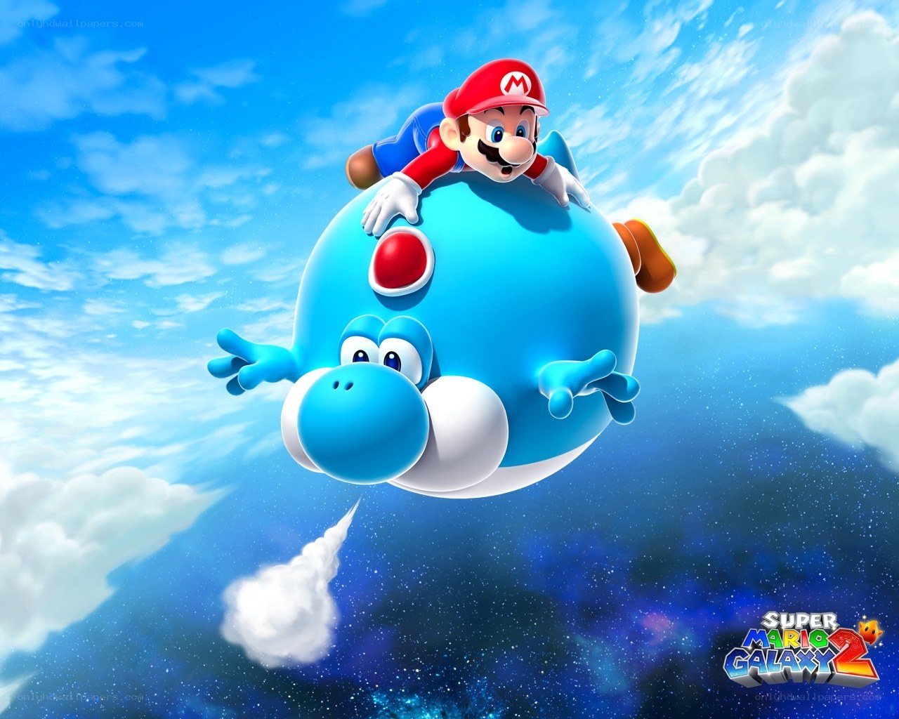 Mario riding a blue Yoshi