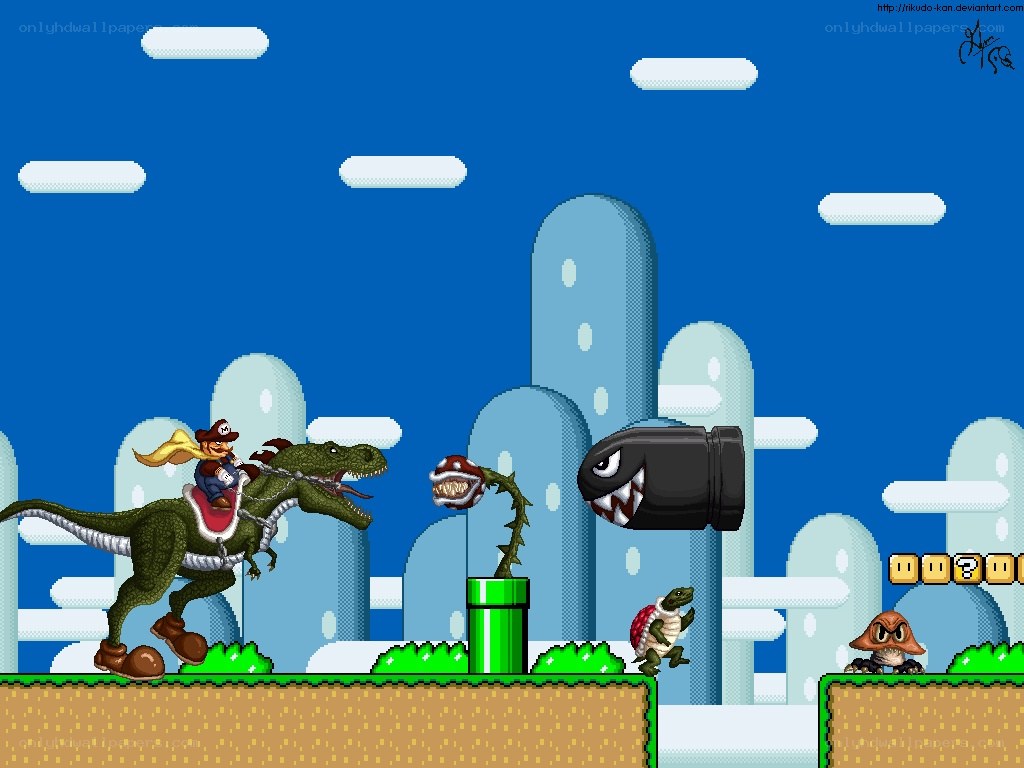 Mario riding dinosaur in game
