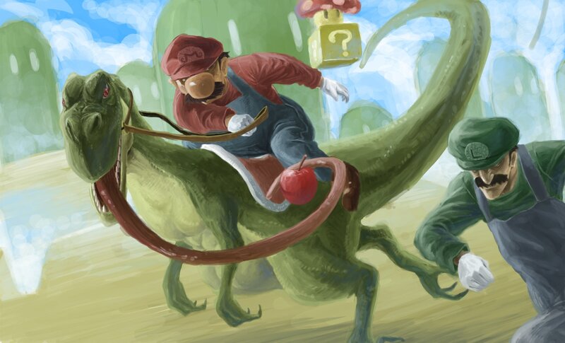 Mario riding dinosaur with Luigi