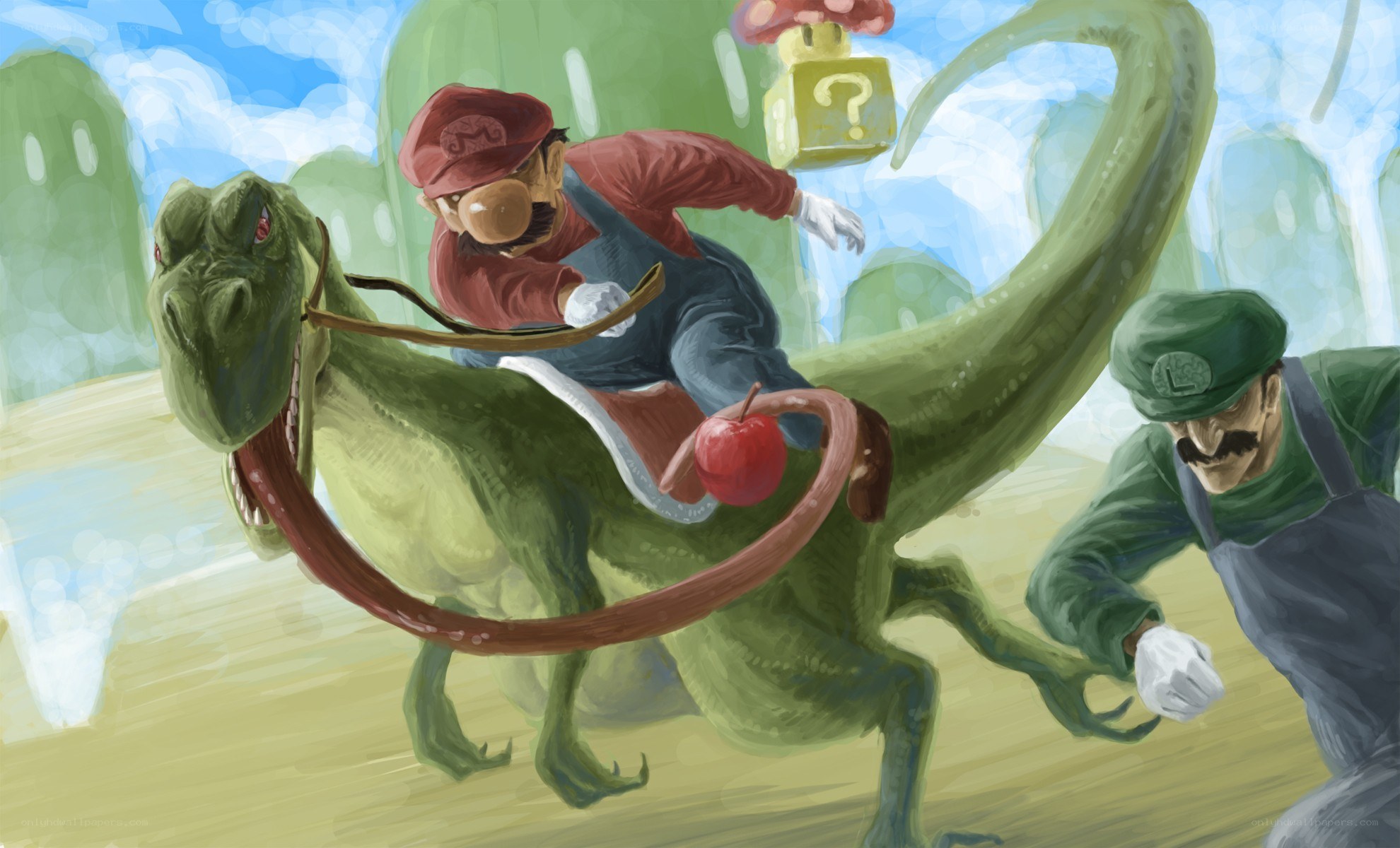 Mario riding dinosaur with Luigi