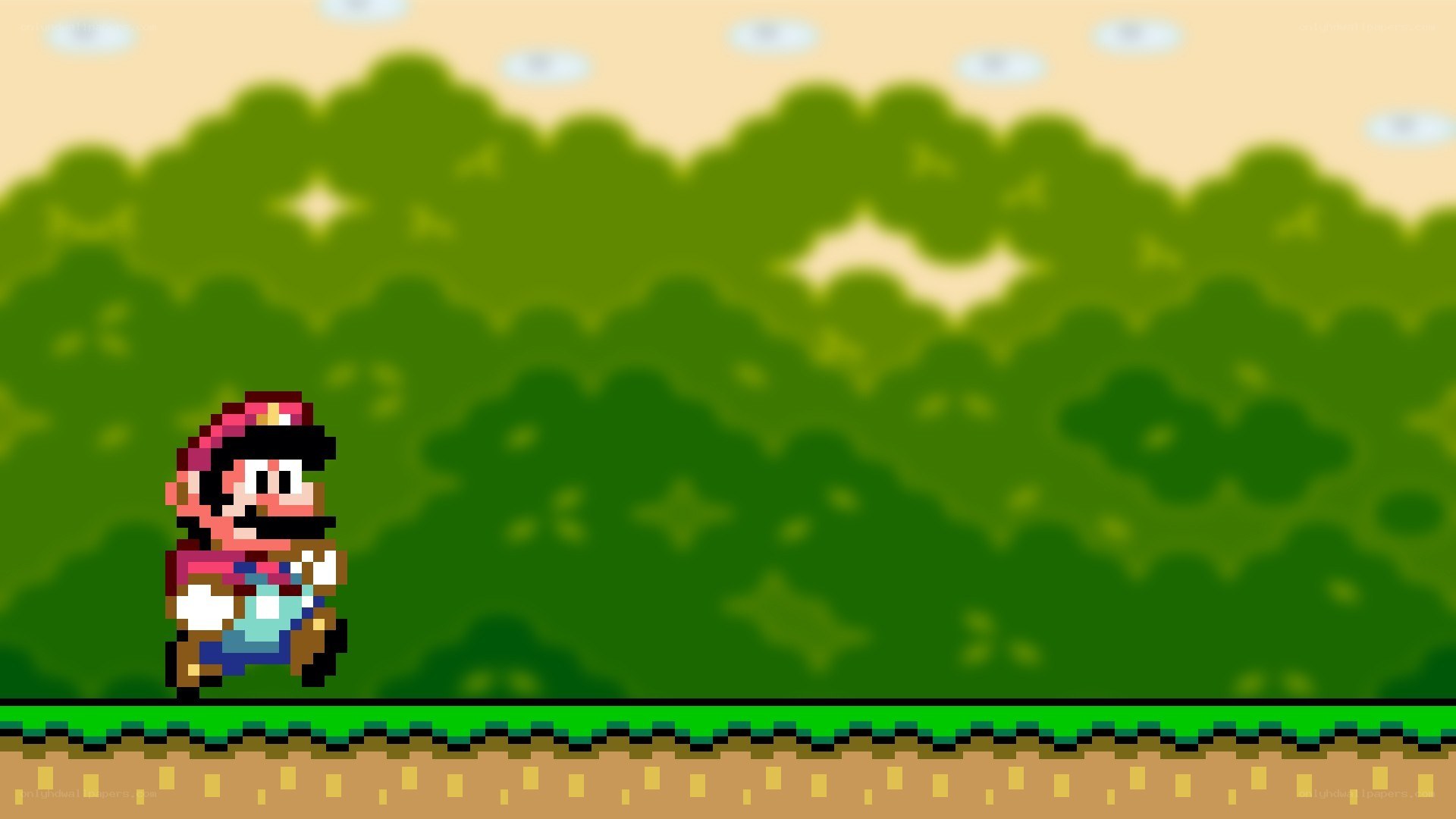 Mario running in a pixel art world
