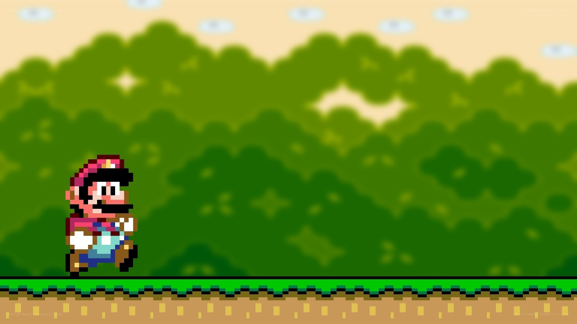 Mario running in a pixel art world