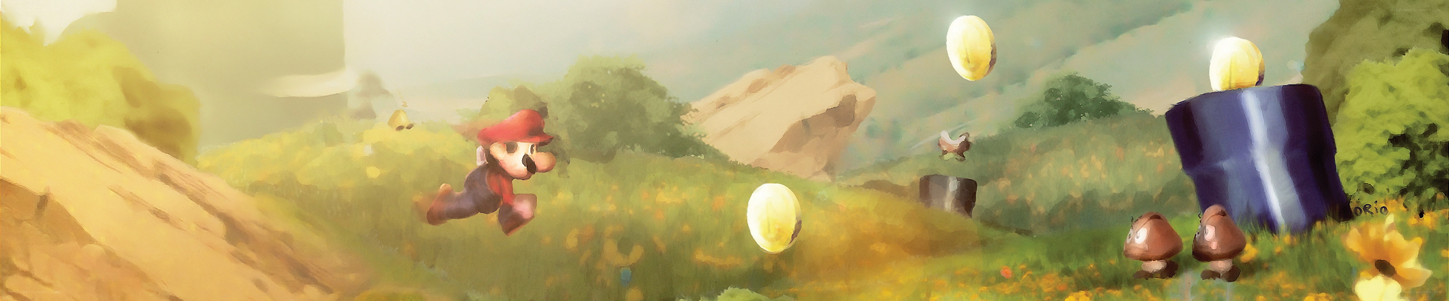 Mario running through a sunny field
