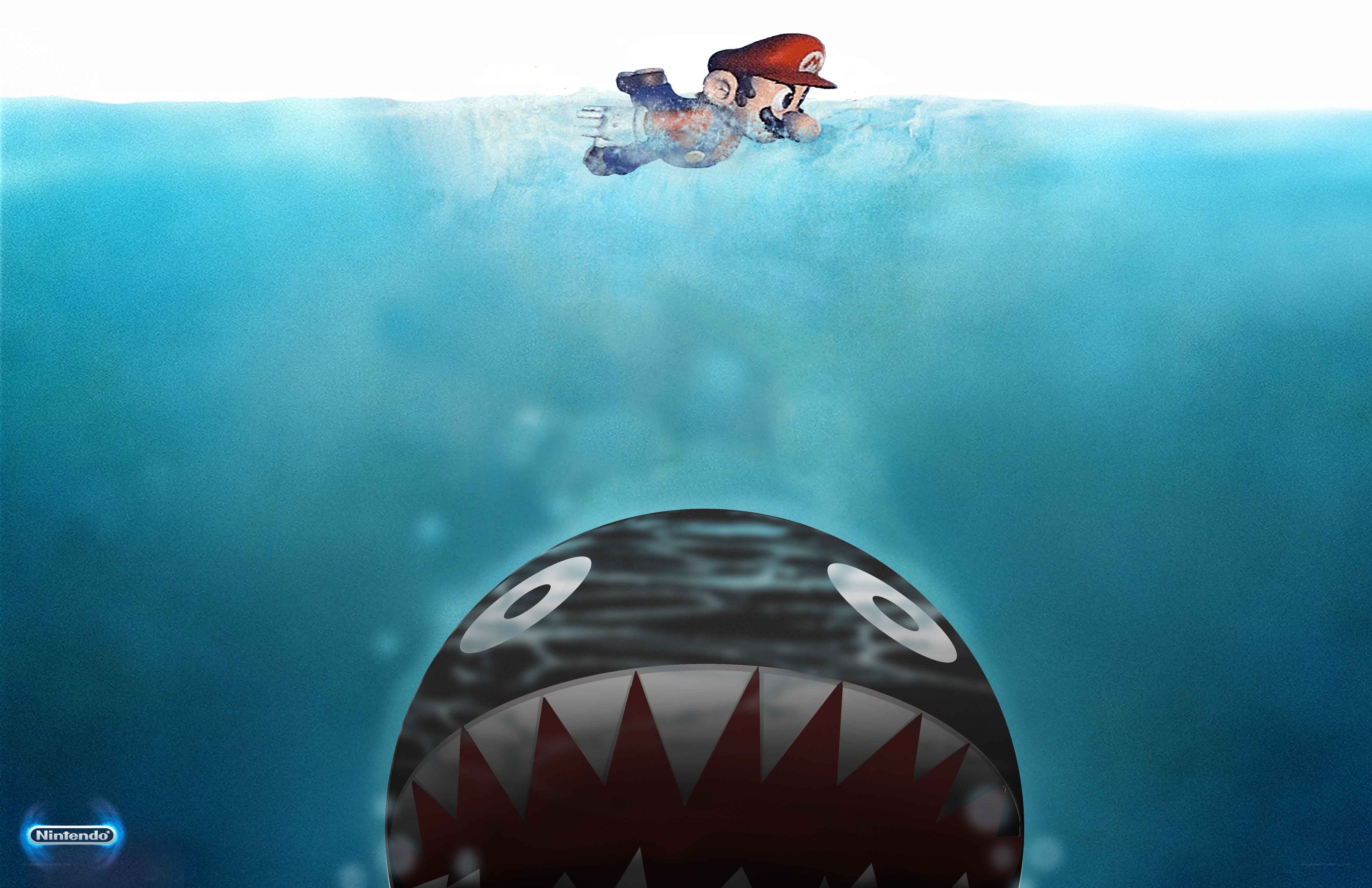 Mario swimming with shark