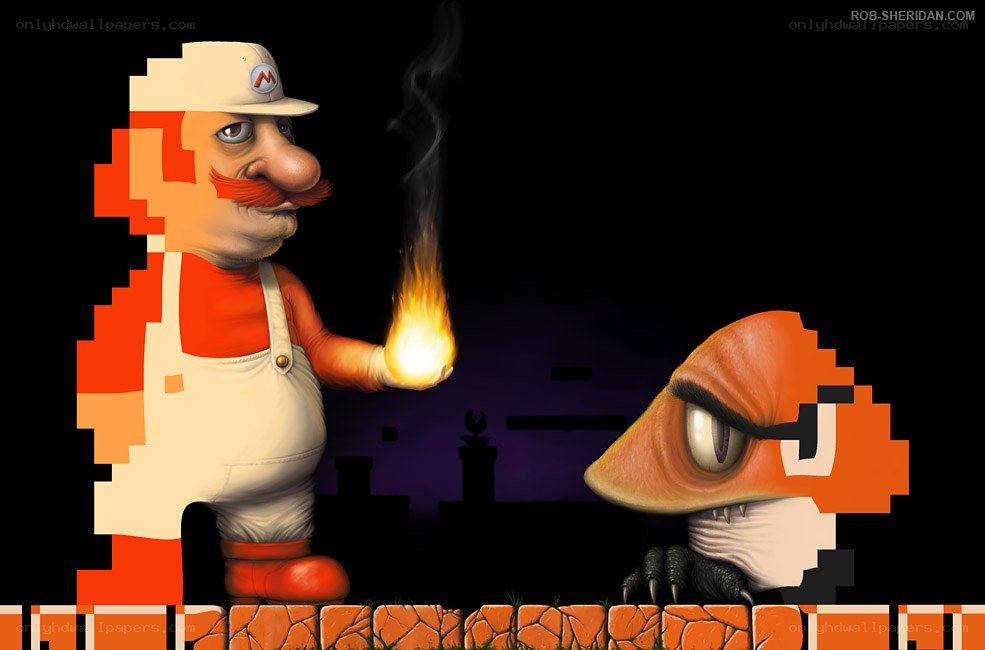 Mario vs. Goomba in dark scene