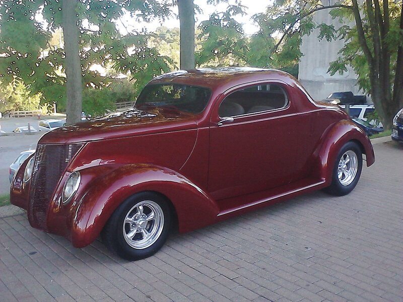 Maroon Classic Car — Calm, Afternoon, Photograph, Trees, Bricks