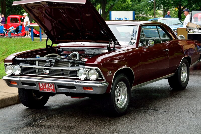 Maroon Classic Car — Outdoor, Afternoon, Photograph, Car Show, People, Red Truck