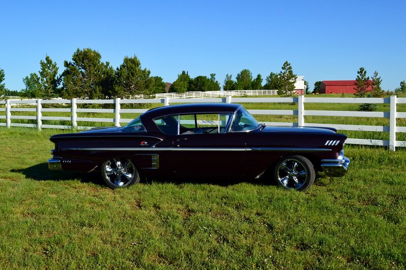 Maroon Classic Car — Serene, Afternoon, Photograph, White Fence