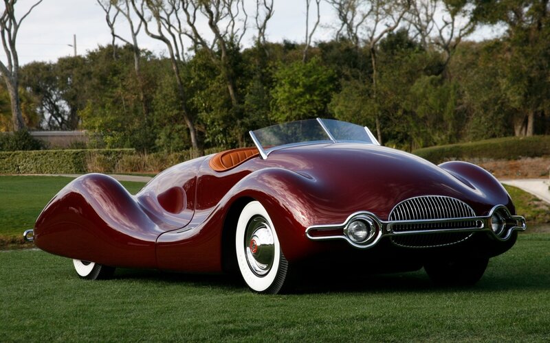 Maroon Concept Car — Serene, Afternoon, Photograph, Grass, Trees