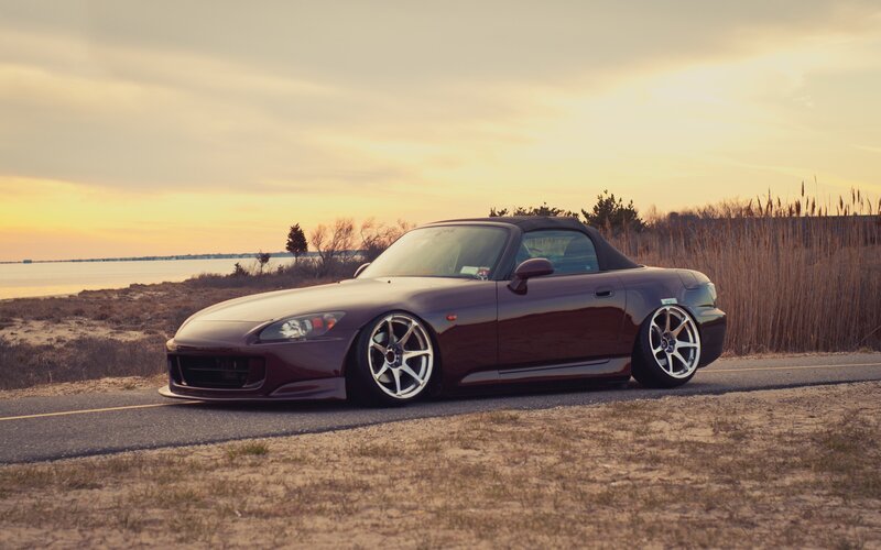 Maroon Convertible Car — Brown, Serene, Sunset, Photograph, Road