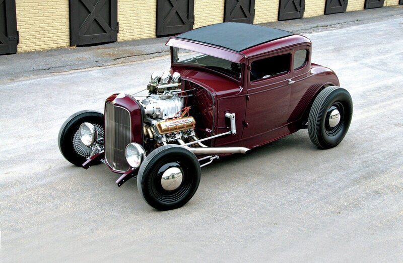 Maroon Hot Rod Car — Calm, Afternoon, Photograph, Brick Wall