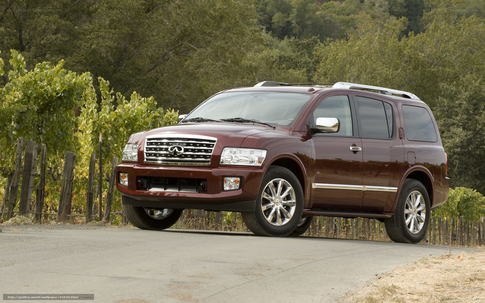 Maroon Infiniti QX56 in vineyard