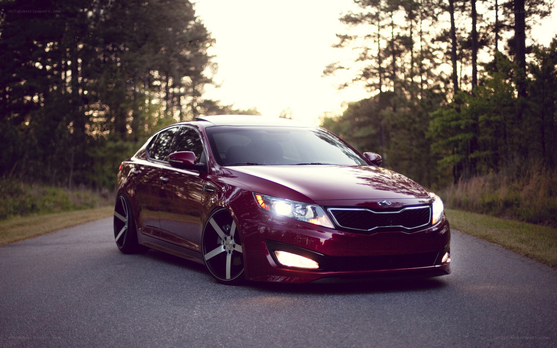 maroon kia on forest road