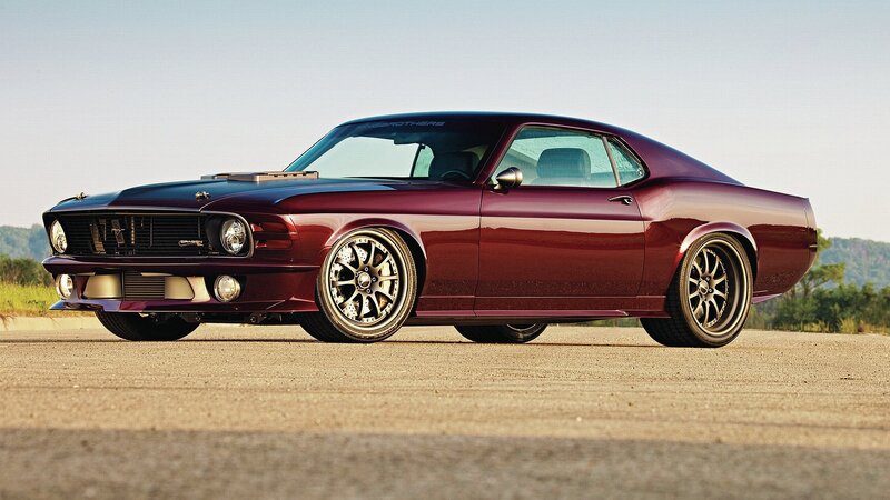 Maroon Muscle Car — Calm, Afternoon, Photograph, Road, Trees, Hills