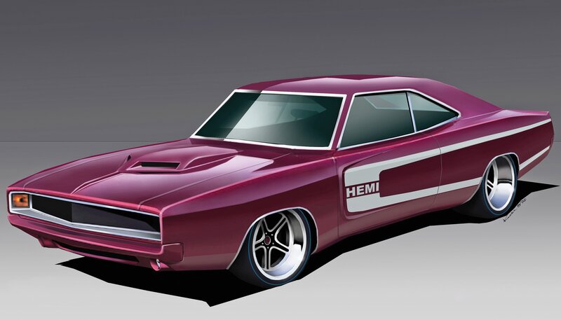 Maroon Muscle Car — Dramatic, Digital Art
