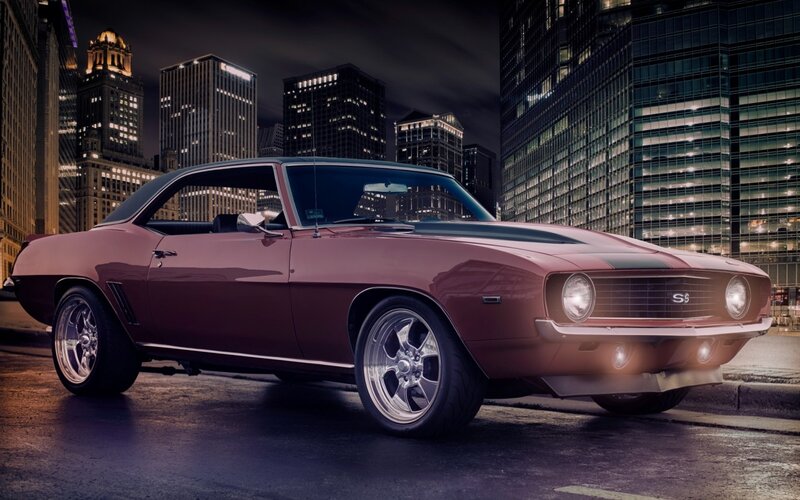 Maroon Muscle Car — Dramatic, Night