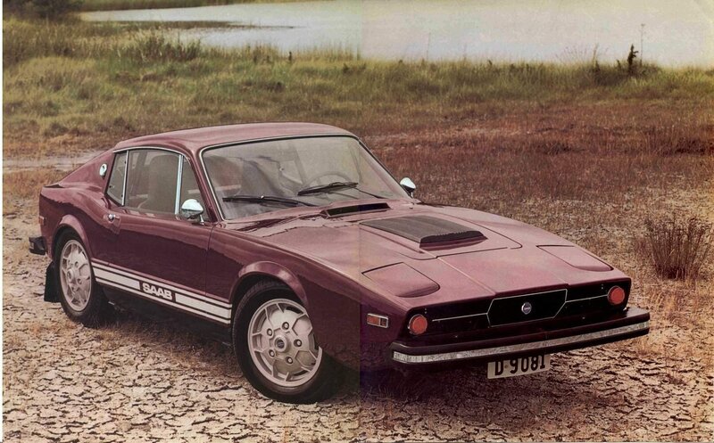 Maroon Saab sports car