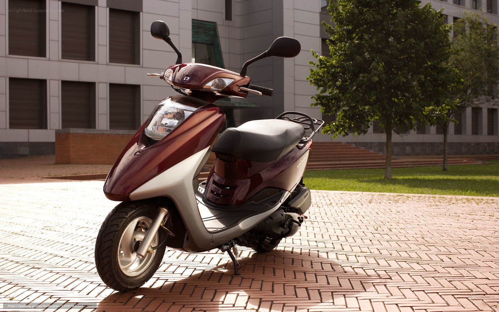Maroon scooter on brick pavement