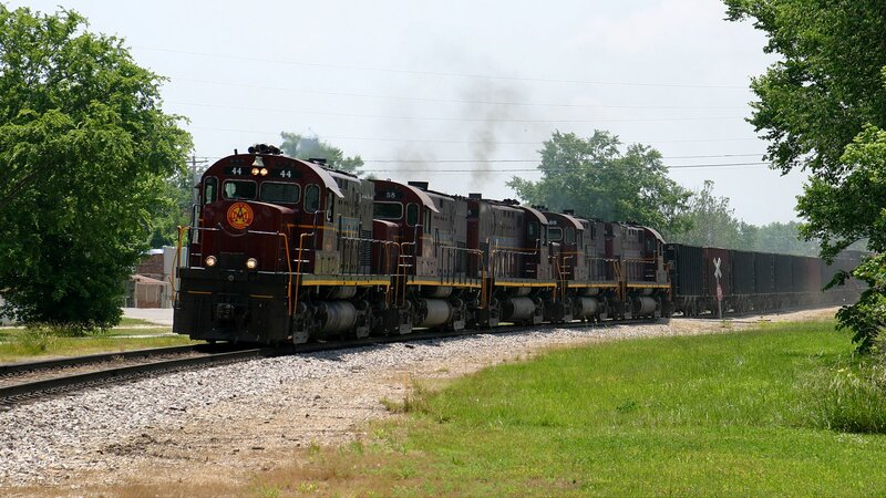 Maroon train with multiple locomotives