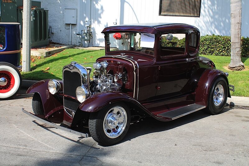 Maroon Vintage Car — Calm, Afternoon, Photograph, Building, Grass
