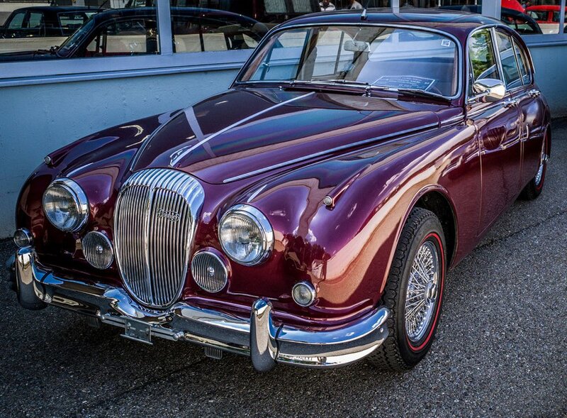 Maroon Vintage Car — Calm, Afternoon, Photograph, Building, Road