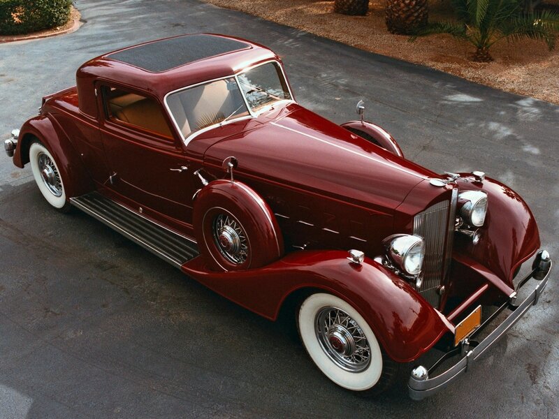 Maroon Vintage Car — Calm, Afternoon, Photograph, Palm Trees