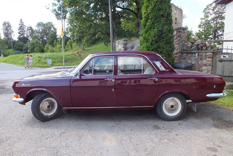 Maroon Vintage Car — Calm, Afternoon, Photograph, People, Trees