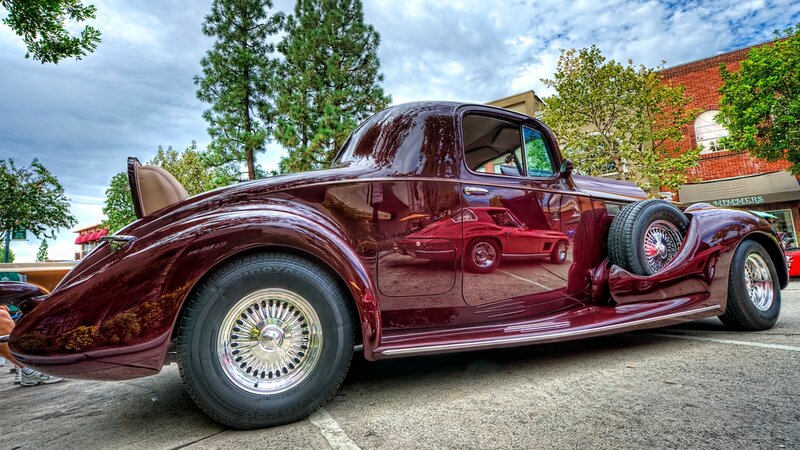 Maroon Vintage Car — Dramatic, Afternoon